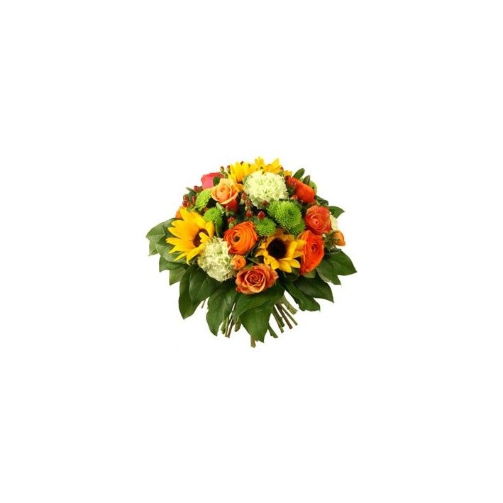 BOUQUET ROND CHRYSANTHEME ORANGE HIBISCUS FLEURS